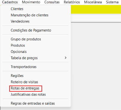 Tela inicial da rotina de cadastro de rotas de entrega