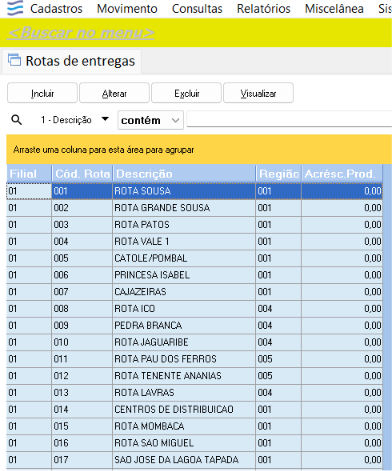 Tela de gerenciamento de rotas de entrega